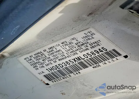 1991 Honda Civic Lx z USA, uszkodzony, nr VIN 1HGED365XML058945